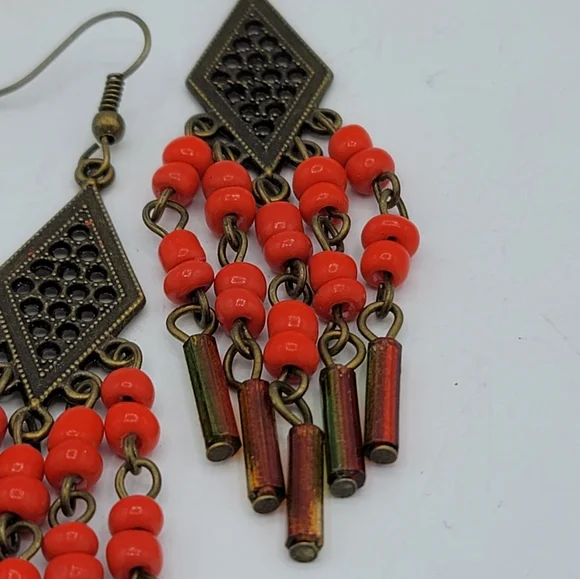 Handmade Czech Glass Beaded Brass Chandelier Earrings Vintage, 3.5" - Picture 5 of 9